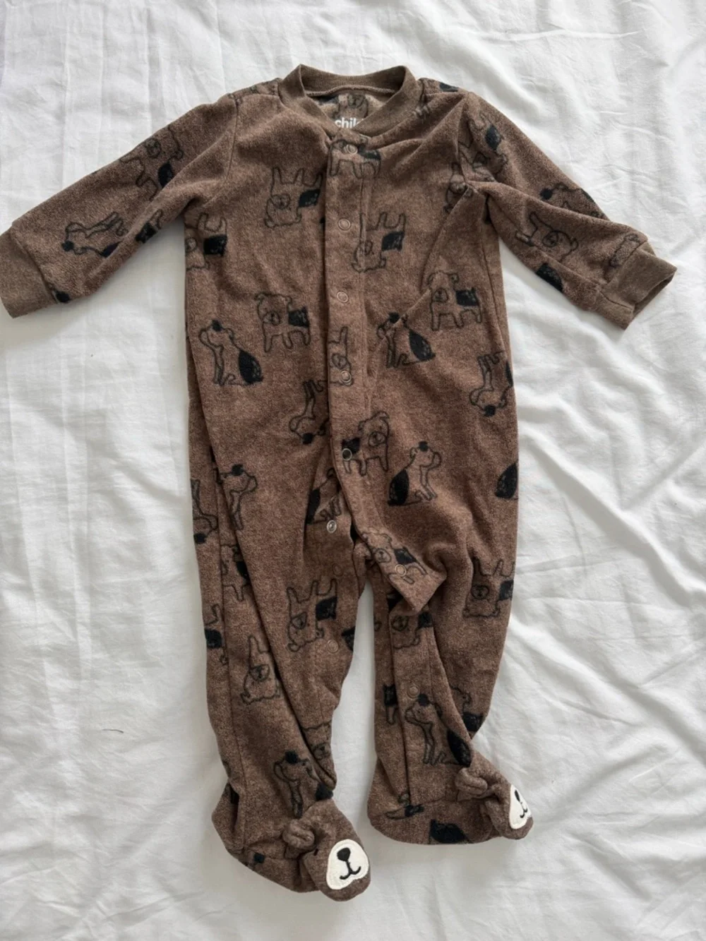 Childrens Brown Fleece Footed One-Piece with Puppy Print